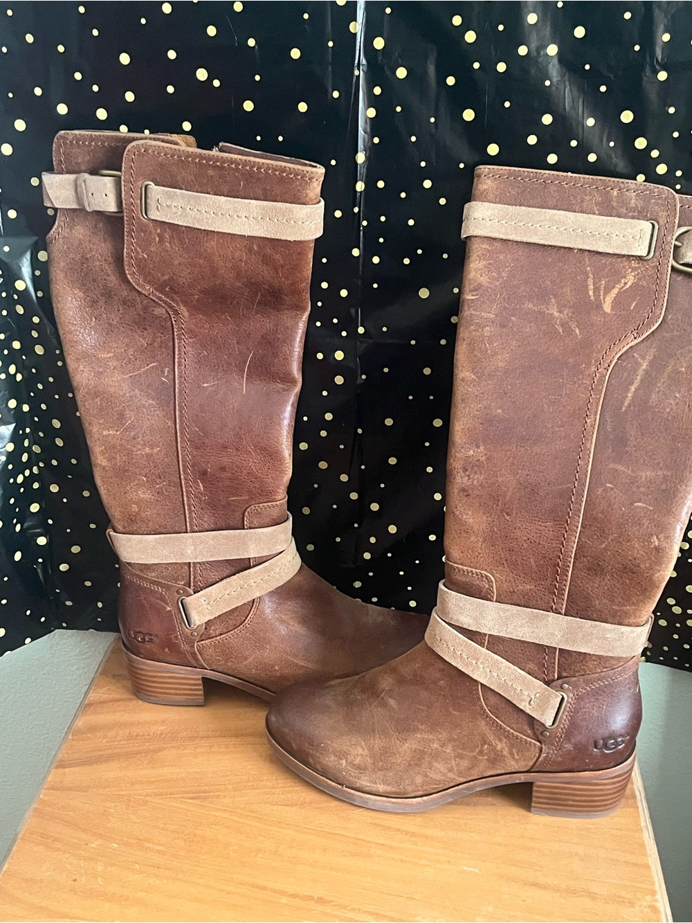UGG Brown Leather Midcalf Riding Boots with Tan Suede Straps